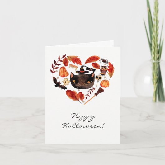 お洒落なハローウィンパーティの黒猫の水彩画 カード (正面)