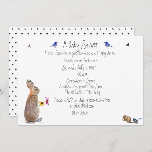 お洒落なバニーのベビーシャワー: 招待状 (正面/裏面)