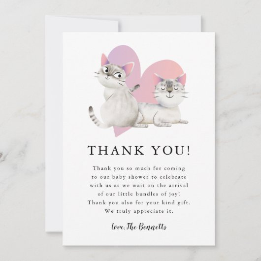お洒落なピンクの子ネコはベビーシャワーを結び付けます サンキューカード (正面)