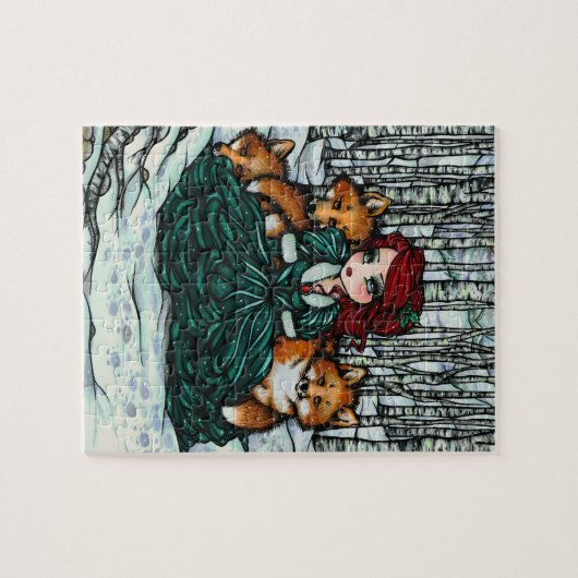 お洒落な冬のキツネの森林クリスマスのファンタジーの芸術 ジグソーパズル (横)