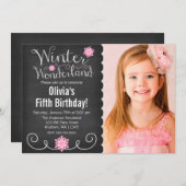 お洒落な冬の不思議の国のピンクの写真の誕生日 招待状 (正面/裏面)