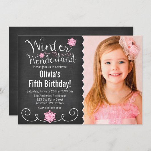 お洒落な冬の不思議の国のピンクの写真の誕生日 招待状 (正面/裏面)