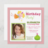 お洒落な妖精の女の子の誕生会の招待: ピンク 招待状 (正面/裏面)