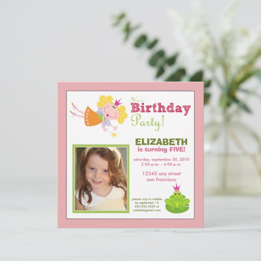 お洒落な妖精の女の子の誕生会の招待: ピンク 招待状 (スタンド正面)