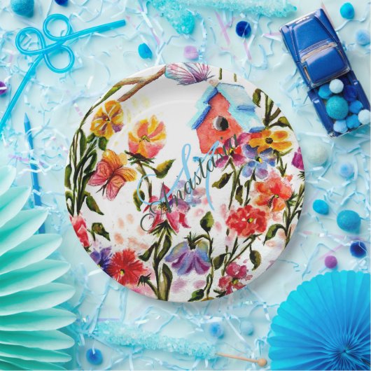 お洒落な庭の鳥の家のモノグラムのパーティー ペーパープレート (パーティー)