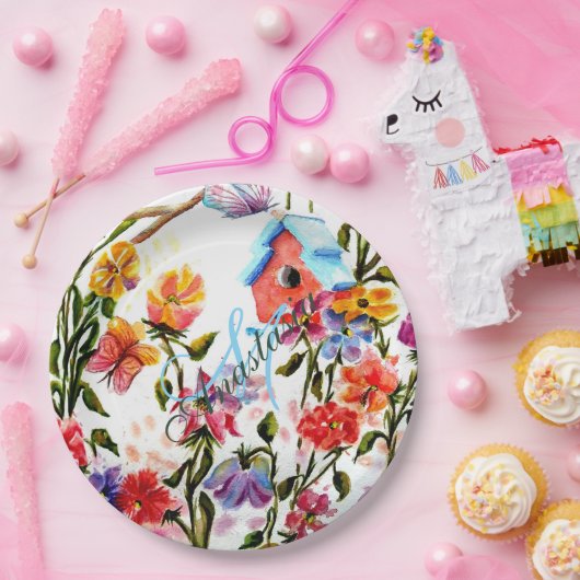 お洒落な庭の鳥の家のモノグラムのパーティー ペーパープレート (パーティー)