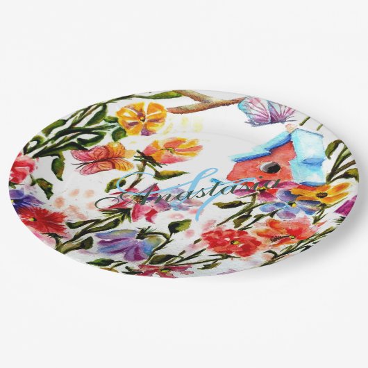 お洒落な庭の鳥の家のモノグラムのパーティー ペーパープレート (アングル)