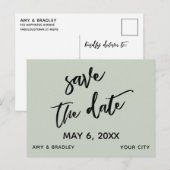 お洒落な手書きのセージグリーンの結婚式のSave the Date 案内ポストカード (正面/裏面)