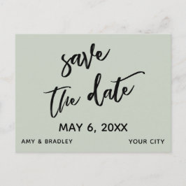 お洒落な手書きのセージグリーンの結婚式のSave the Date 案内ポストカード
