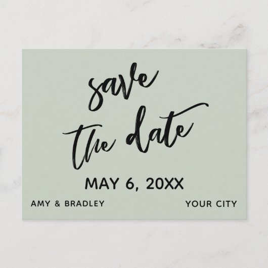 お洒落な手書きのセージグリーンの結婚式のSave the Date 案内ポストカード (正面)