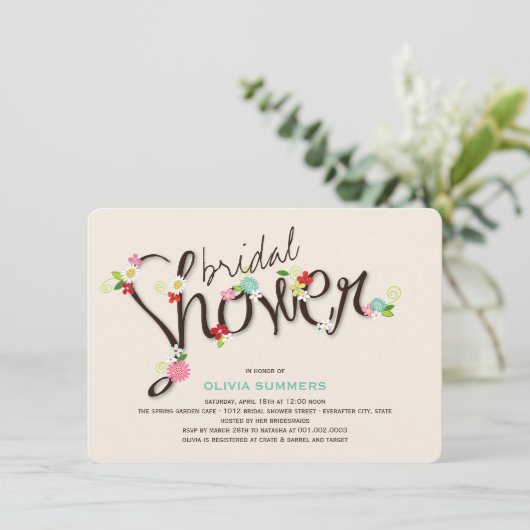 お洒落な春の花のシックなブライダルシャワーの招待 招待状 (スタンド正面)