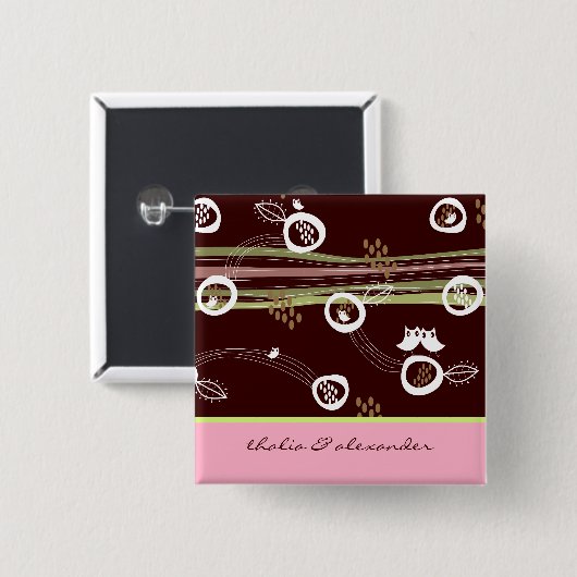 お洒落な森林フクロウ家族の結婚式ボタン 缶バッジ (正面&裏面)