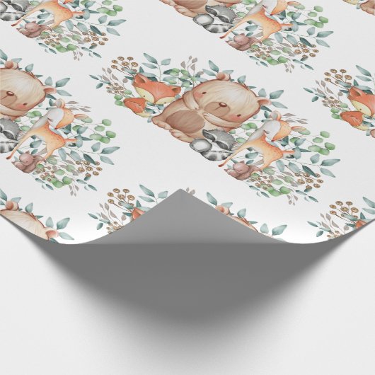 お洒落な森林ベビー動物の第1誕生会 ラッピングペーパー (角)