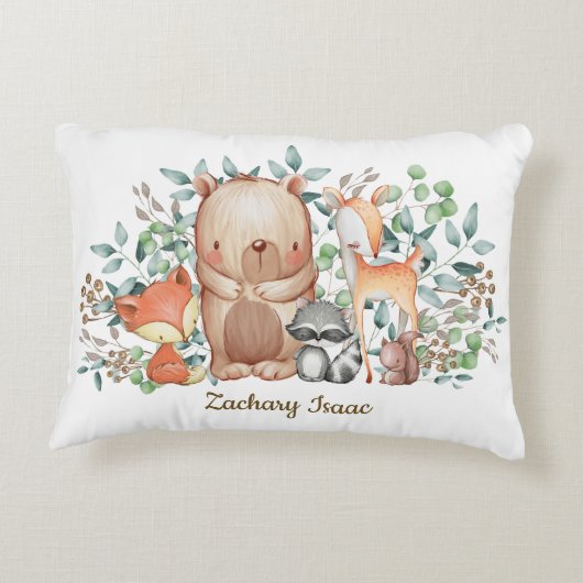 お洒落な森林森林動物の男の赤ちゃんの子供部屋 アクセントクッション (裏面)