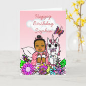 お洒落な民芸の妖精の女の子のハッピーバースデー カード (黄色い花)