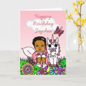 お洒落な民芸の妖精の女の子のハッピーバースデー カード (黄色い花)