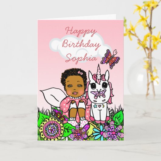 お洒落な民芸の妖精の女の子のハッピーバースデー カード (黄色い花)