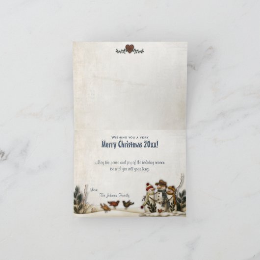 お洒落な民芸の雪だるまのクリスマスの写真カード シーズンカード (内部)