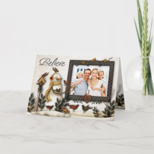 お洒落な民芸の雪だるまのクリスマスの写真カード シーズンカード (正面)