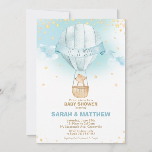 お洒落な熱気の気球のベビーシャワーくまの男の子 招待状 (正面)
