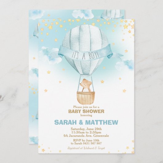 お洒落な熱気の気球のベビーシャワーくまの男の子 招待状 (正面/裏面)