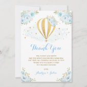お洒落な熱気の気球の青い花のベビーシャワー サンキューカード (正面)