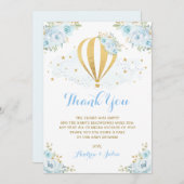 お洒落な熱気の気球の青い花のベビーシャワー サンキューカード (正面/裏面)