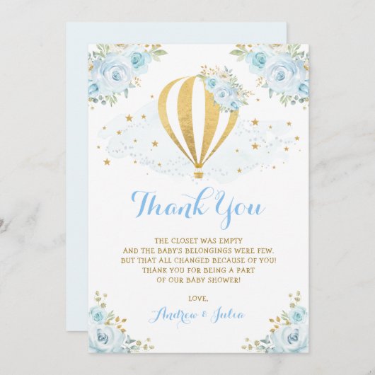 お洒落な熱気の気球の青い花のベビーシャワー サンキューカード (正面/裏面)