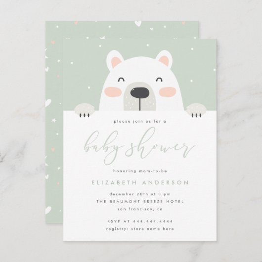 お洒落な白くまの漫画の冬のベビーシャワー インビテーションポストカード (正面/裏面)