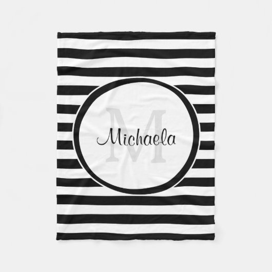 お洒落な白黒の日除けのストライプのモノグラムのな名前 フリースブランケット (正面)