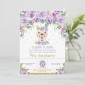 お洒落な紫色の花のラマのママベビーシャワー 招待状 (スタンド正面)