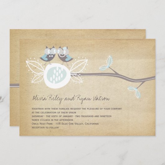 お洒落な結婚式のフクロウの森林素朴な結婚式 招待状 (正面/裏面)