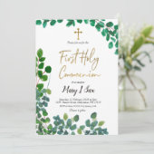 お洒落な緑の草木のユーカリの最初聖餐式 招待状 (スタンド正面)