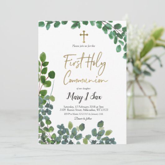 お洒落な緑の草木のユーカリの最初聖餐式 招待状 (スタンド正面)