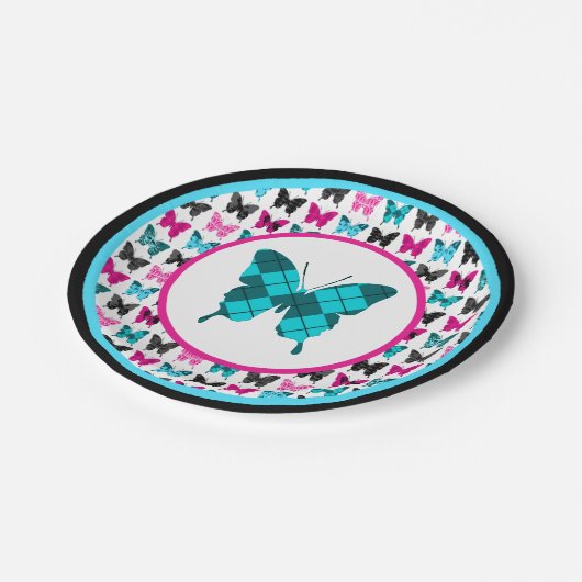 お洒落な翼: アーガイル柄のな青 ペーパープレート (アングル)