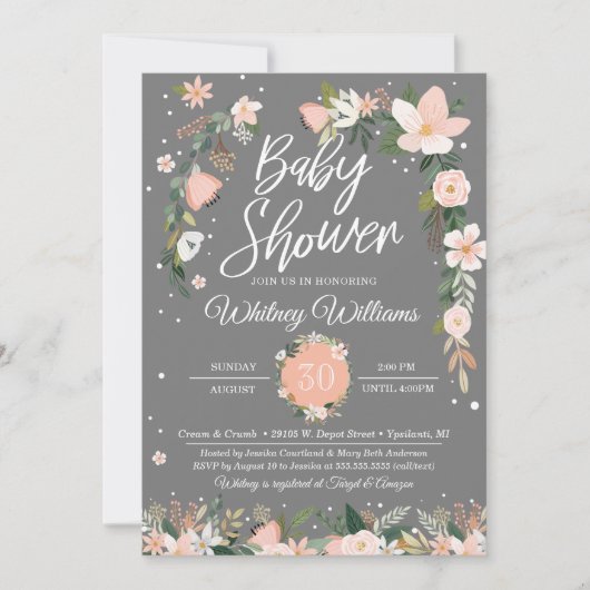 お洒落な花の赤面のピンクの灰色の女の子のベビーシャワー 招待状 (正面)