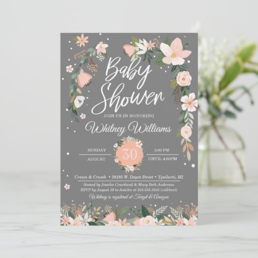 お洒落な花の赤面のピンクの灰色の女の子のベビーシャワー 招待状