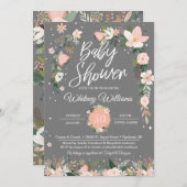 お洒落な花の赤面のピンクの灰色の女の子のベビーシャワー 招待状 (正面/裏面)