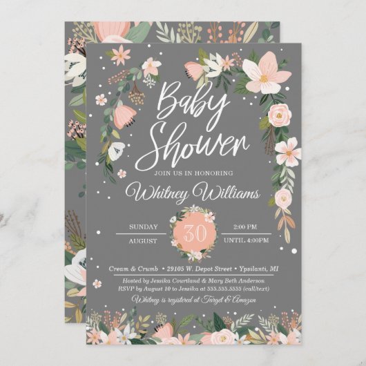 お洒落な花の赤面のピンクの灰色の女の子のベビーシャワー 招待状 (正面/裏面)