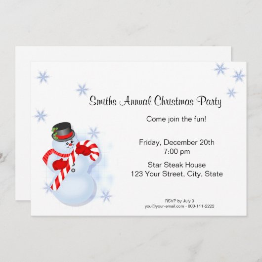 お洒落な雪だるまのクリスマスのパーティの招待状 招待状 (正面/裏面)
