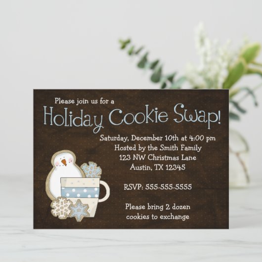 お洒落な雪だるまの休日のクッキーの交換の招待状 招待状 (スタンド正面)