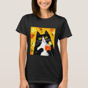 お洒落にオレンジジュースを飲む猫 Tシャツ