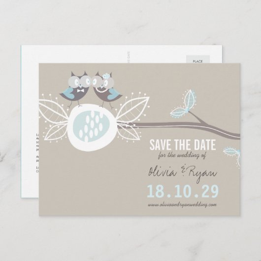 お洒落の結婚Owls Tree Branch日付を保存 案内ポストカード (正面/裏面)