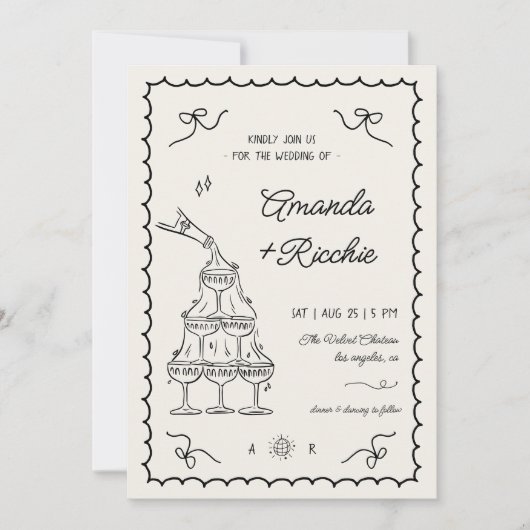 お洒落よくはしゃぐシャンパンタワー結婚ドードルズ 招待状 (正面)