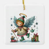 お洒落アイススケートのクリスマスエンジェル セラミックオーナメント (正面)
