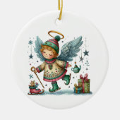 お洒落アイススケートのクリスマスエンジェル セラミックオーナメント (正面)