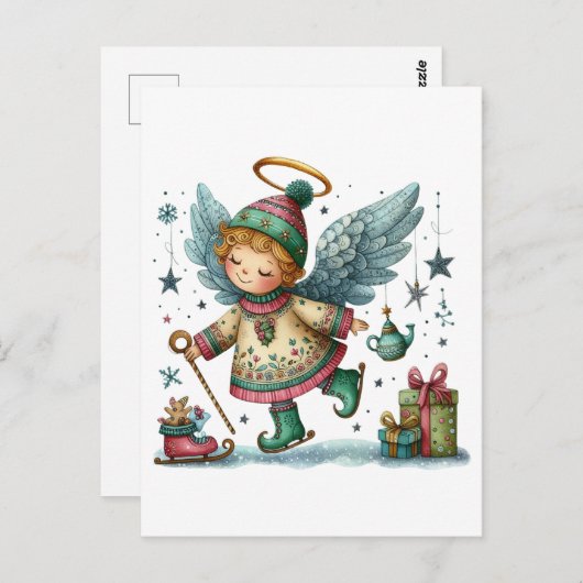 お洒落アイススケートのクリスマスエンジェル ポストカード (正面/裏面)