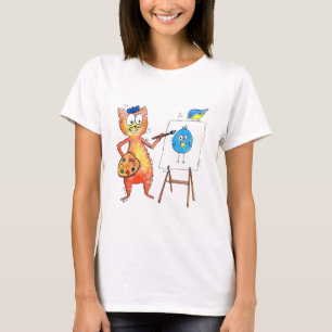 お洒落アーティス絵画ト猫の鳥 Tシャツ