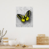 お洒落イエローバタフライオングレーフローラ ポスター (キッチン)