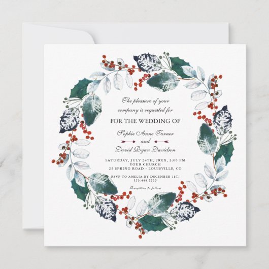 お洒落ウィンターホーリーベリー結婚リース 招待状 (正面)